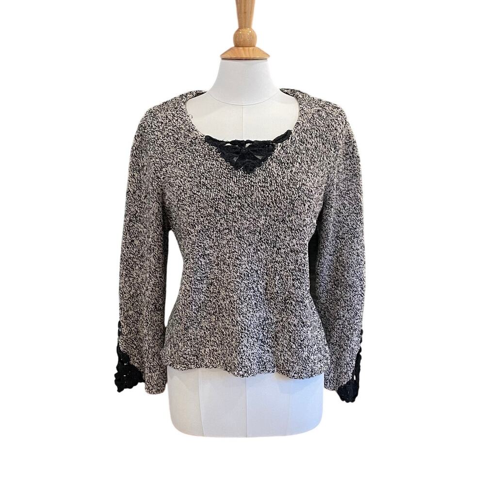 J. Jill Ivory Black Textured Silk Blend Long Sleeve Sweater Crochet Neck Boho L